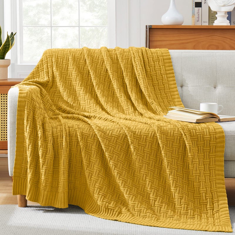 TREELY 100% Cotton Knitted Throw Blanket Couch Cover Blanket(50 x 60 Inches, Mustard Yellow) - Image 2